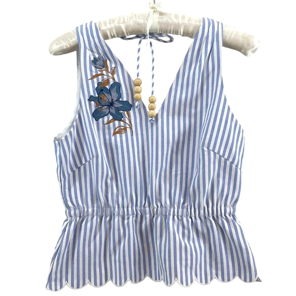 Aylaya Striped Peplum Top Womens XS Embroider Scallop Bead Boho Coastal Nautical